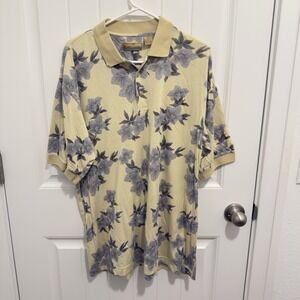 Bobby Chan Men's Yellow Gray Floral Print Polo Silk/Cotton Size Large